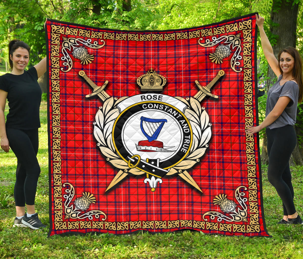 Rose Modern Tartan Crest Premium Quilt - Celtic Thistle Style