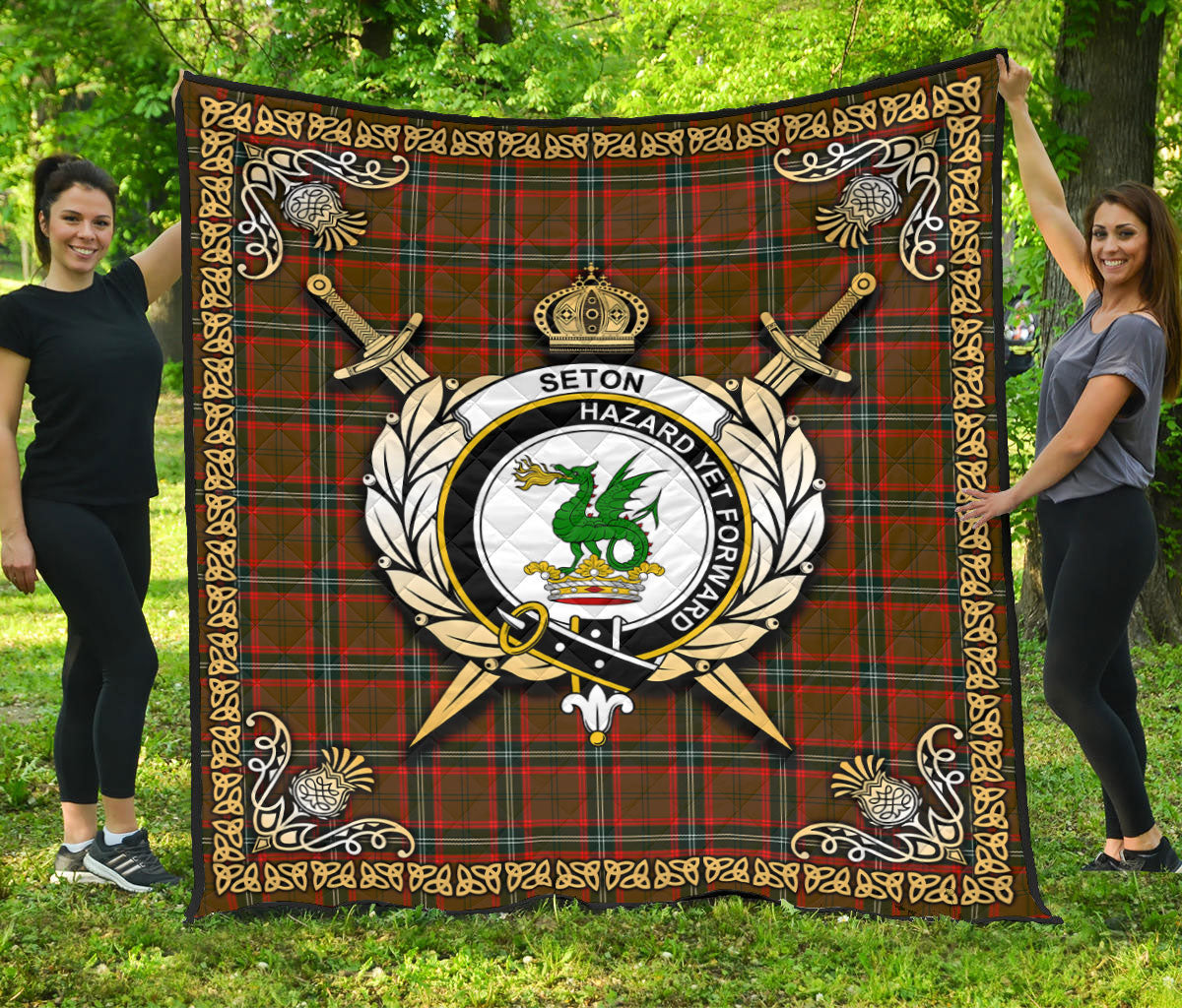 Seton Hunting Modern Tartan Crest Premium Quilt - Celtic Thistle Style