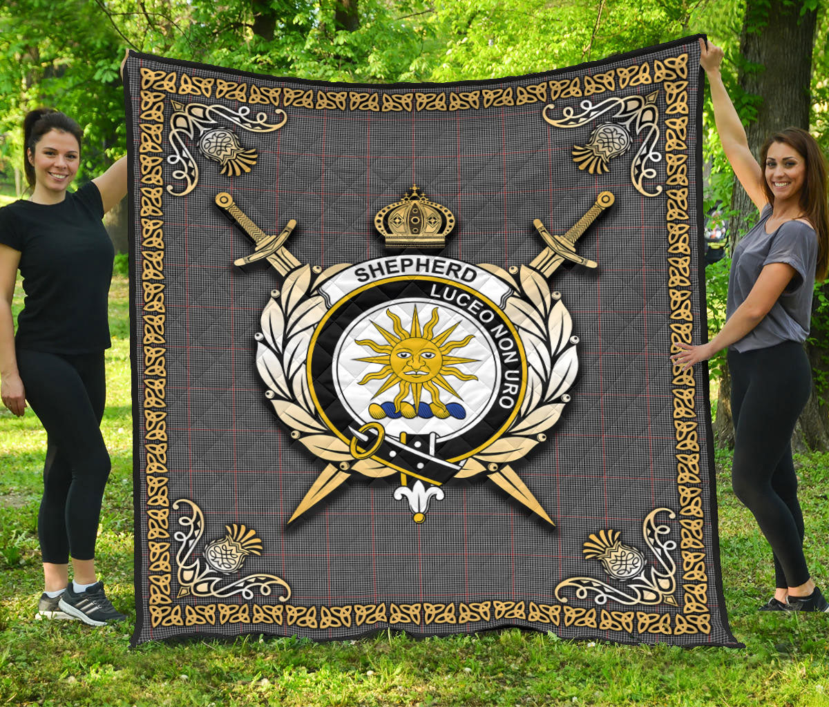 Shepherd Tartan Crest Premium Quilt - Celtic Thistle Style