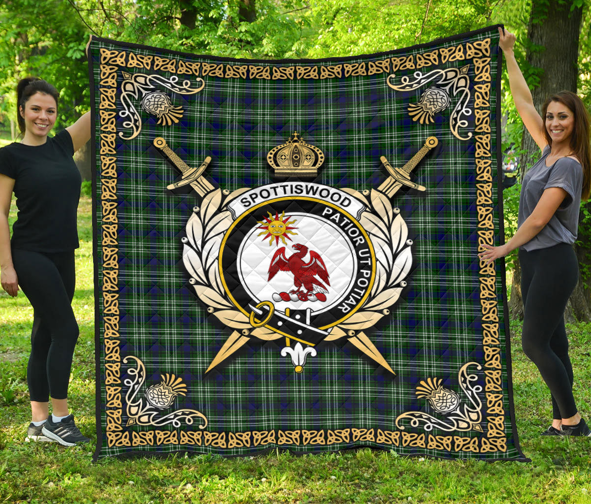 Spottiswood Tartan Crest Premium Quilt - Celtic Thistle Style