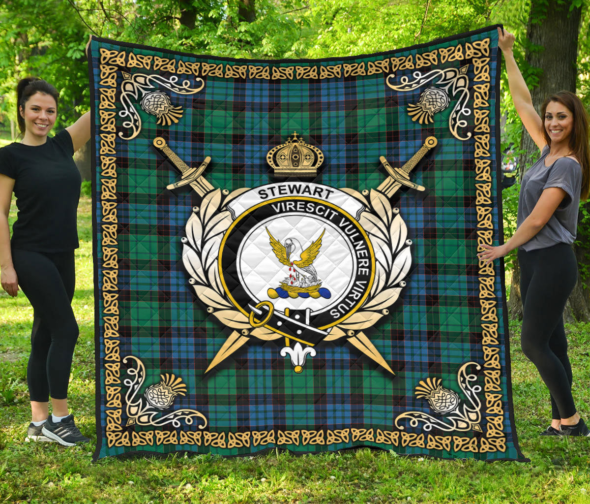 Stewart Old Ancient Tartan Crest Premium Quilt - Celtic Thistle Style