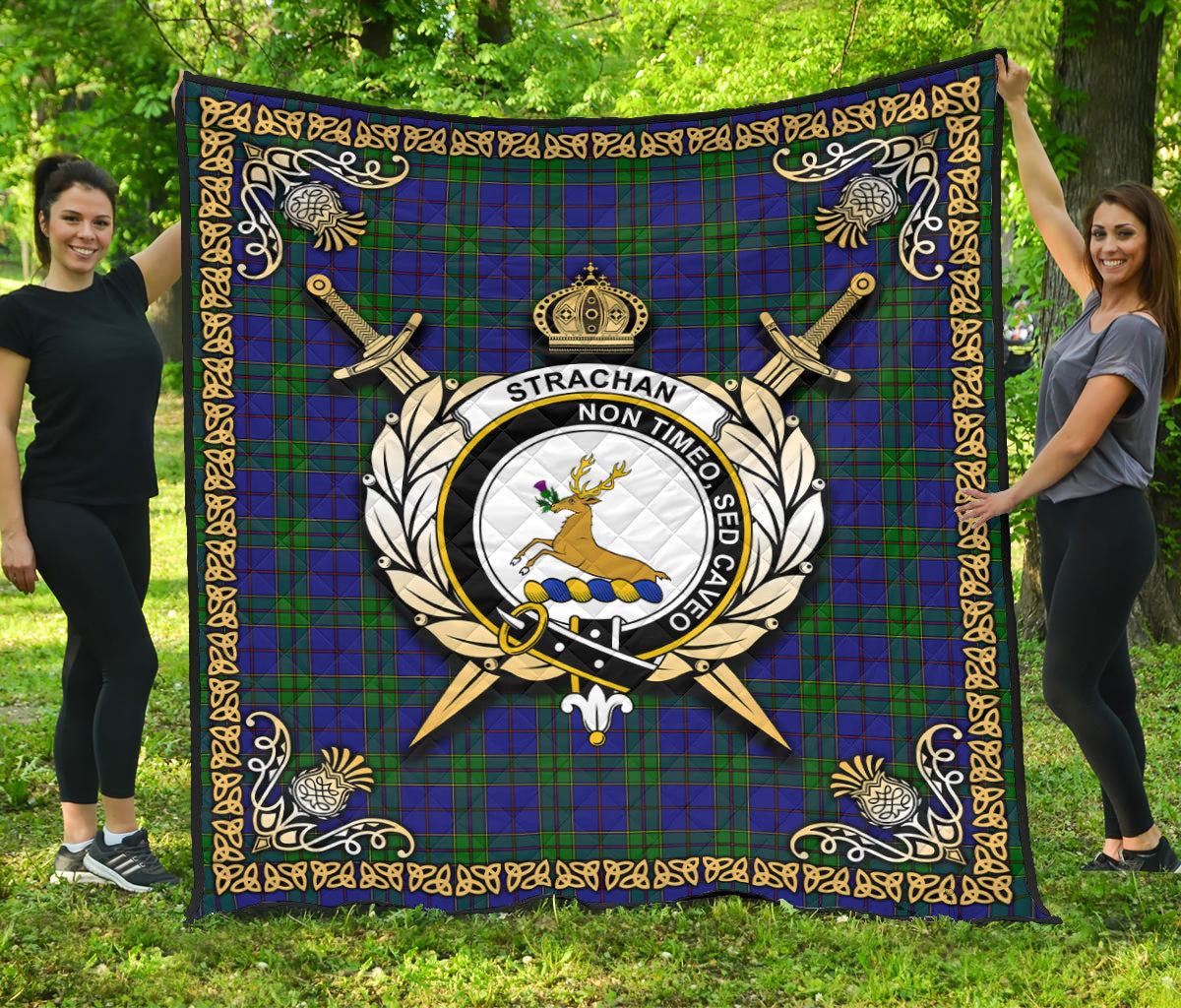 Strachan Tartan Crest Premium Quilt - Celtic Thistle Style