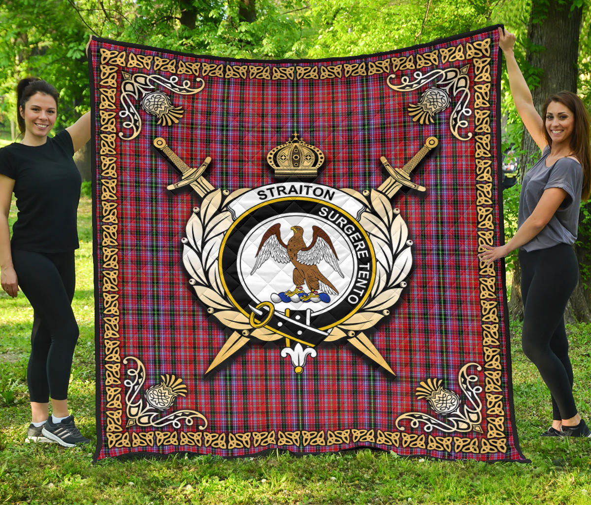 Straiton Tartan Crest Premium Quilt - Celtic Thistle Style