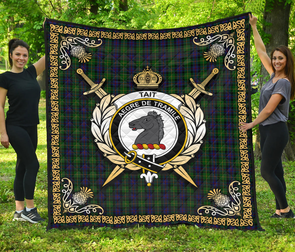 Tait Tartan Crest Premium Quilt - Celtic Thistle Style