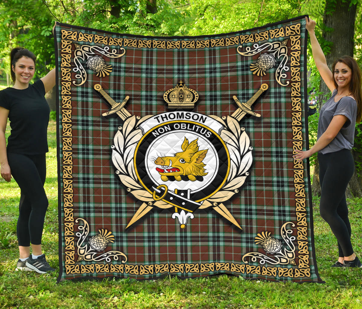 Thomson Hunting Modern Tartan Non Oblitus Crest Premium Quilt - Celtic Thistle Style