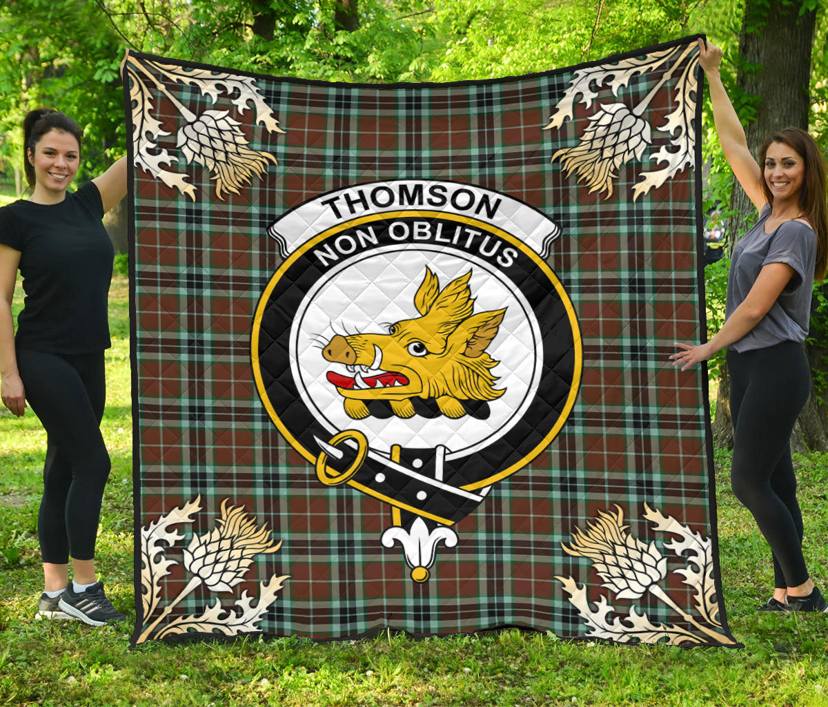 Thomson Hunting Modern Tartan Non Oblitus Crest Premium Quilt - Gold Thistle Style