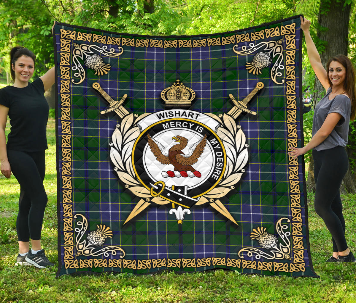 Wishart Hunting Tartan Crest Premium Quilt - Celtic Thistle Style