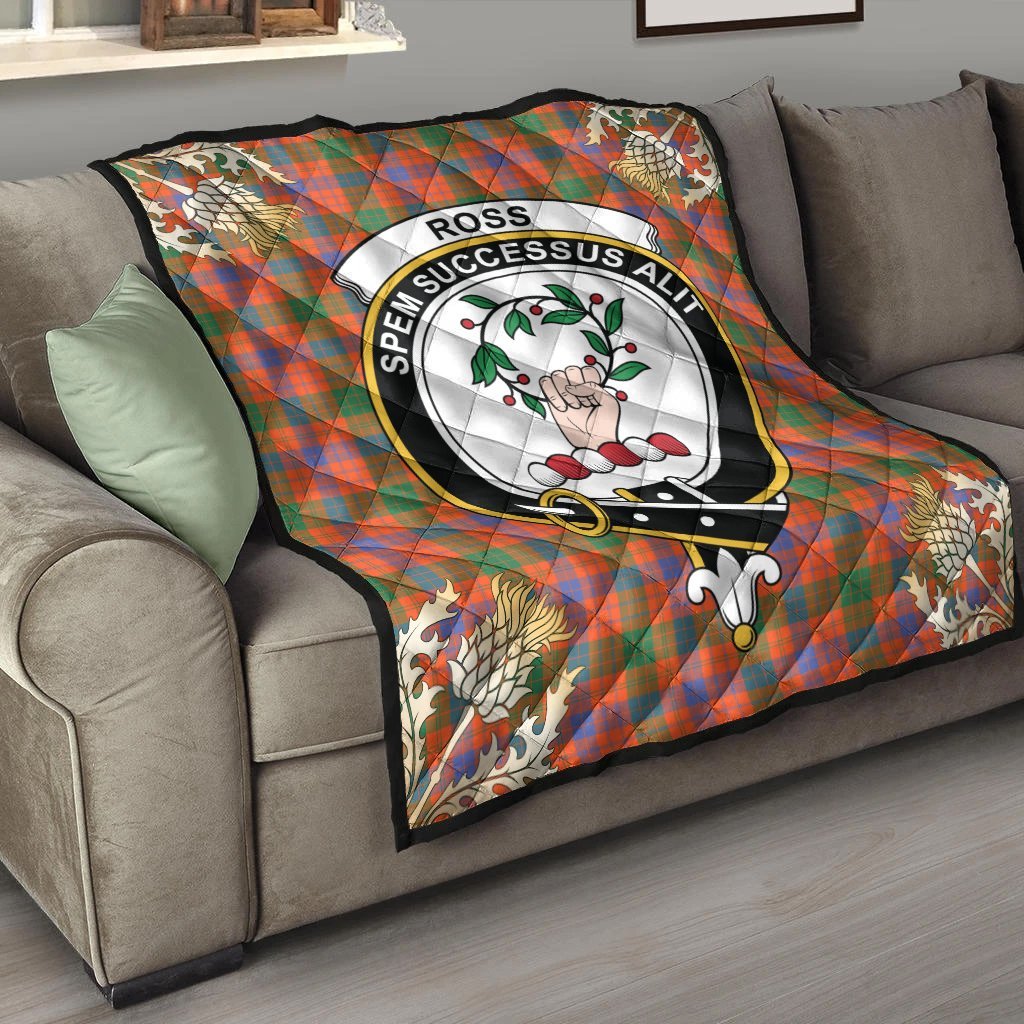 Ross Ancient Tartan Crest Premium Quilt - Gold Thistle Style