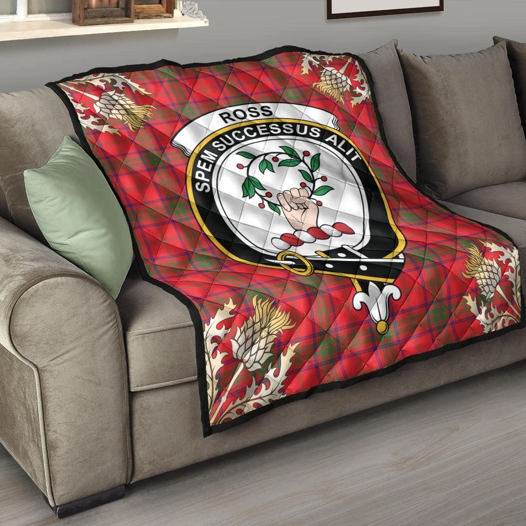 Ross Modern Tartan Crest Premium Quilt - Gold Thistle Style