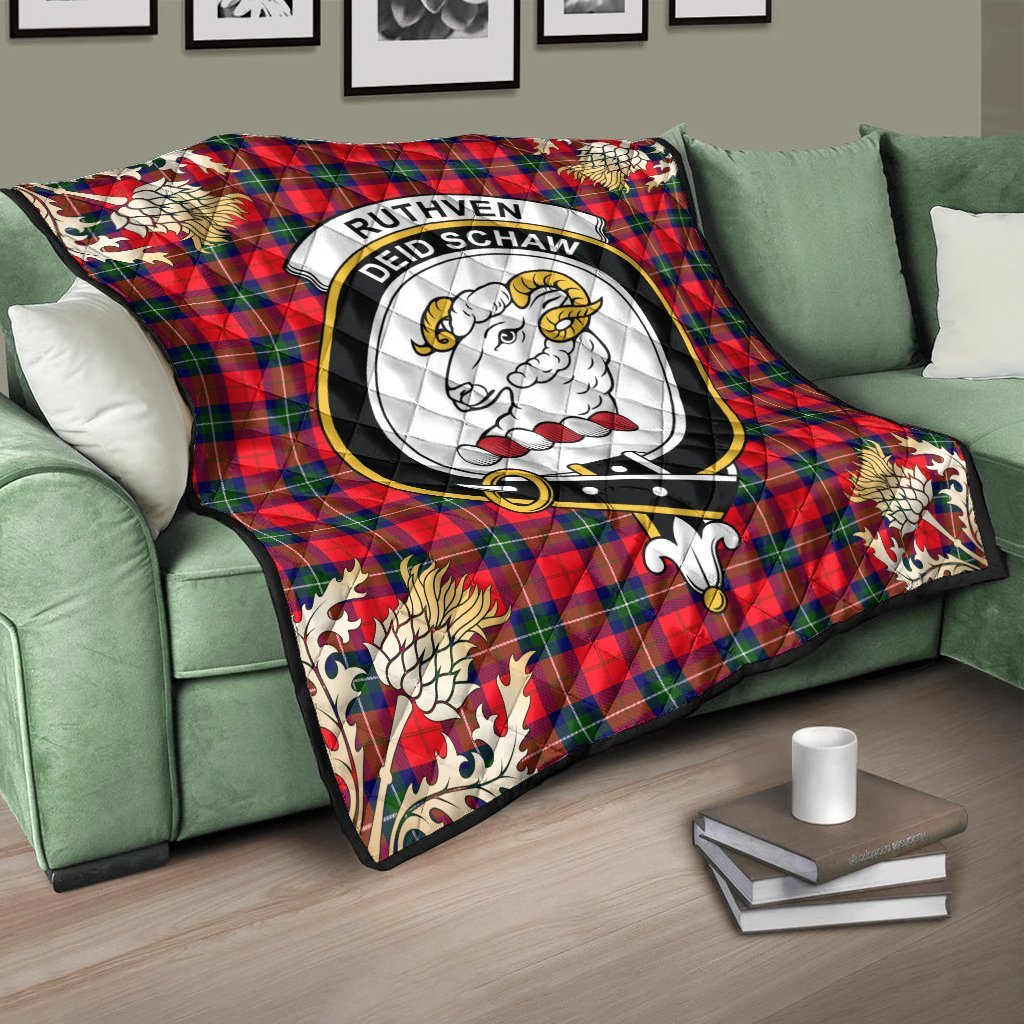 Ruthven Modern Tartan Crest Premium Quilt - Gold Thistle Style