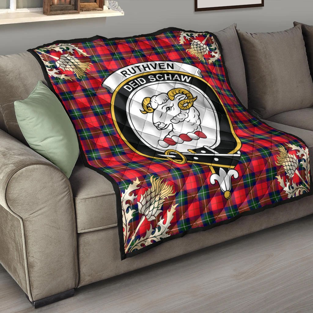 Ruthven Modern Tartan Crest Premium Quilt - Gold Thistle Style