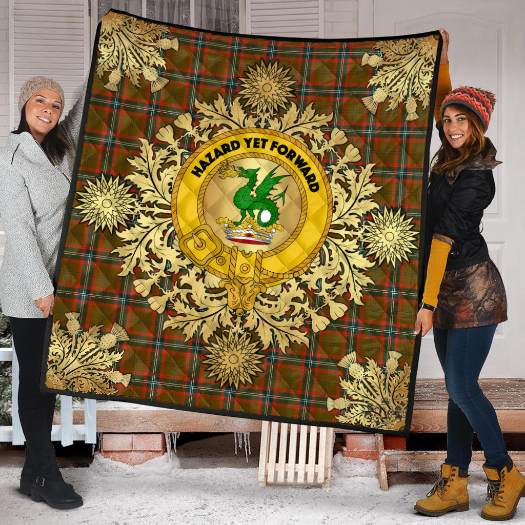 Seton Hunting Modern Tartan Crest Premium Quilt - Gold Thistle Style