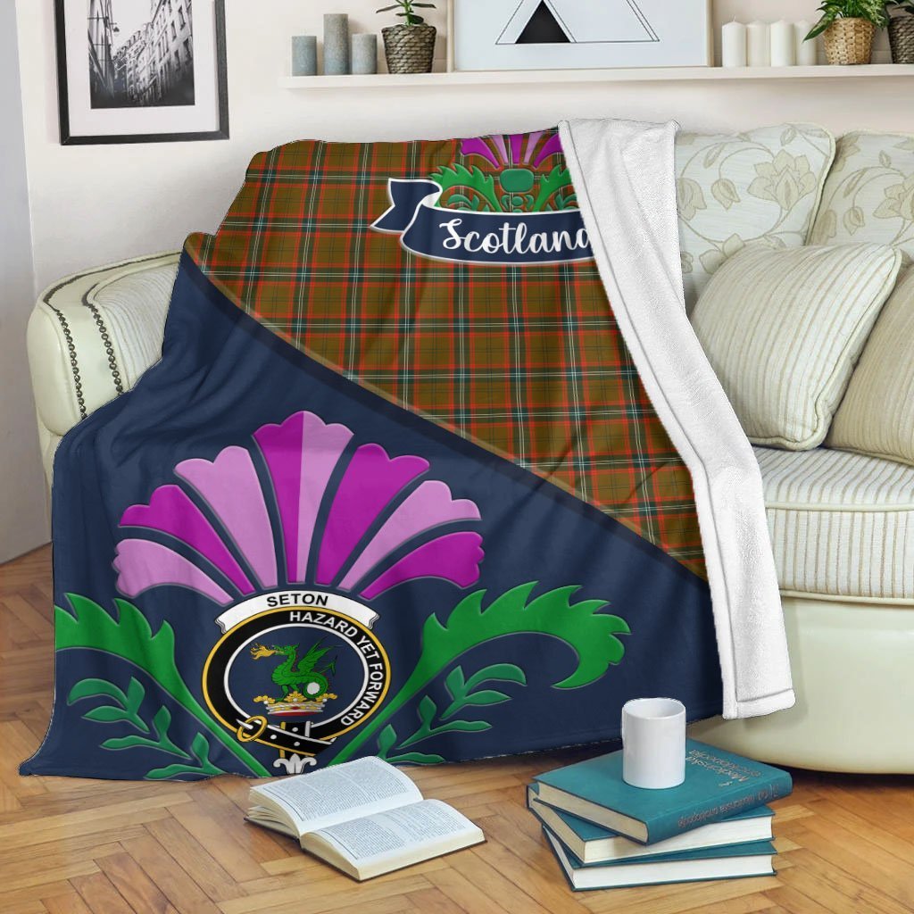 Seton Tartan Crest Premium Blanket - Thistle Style