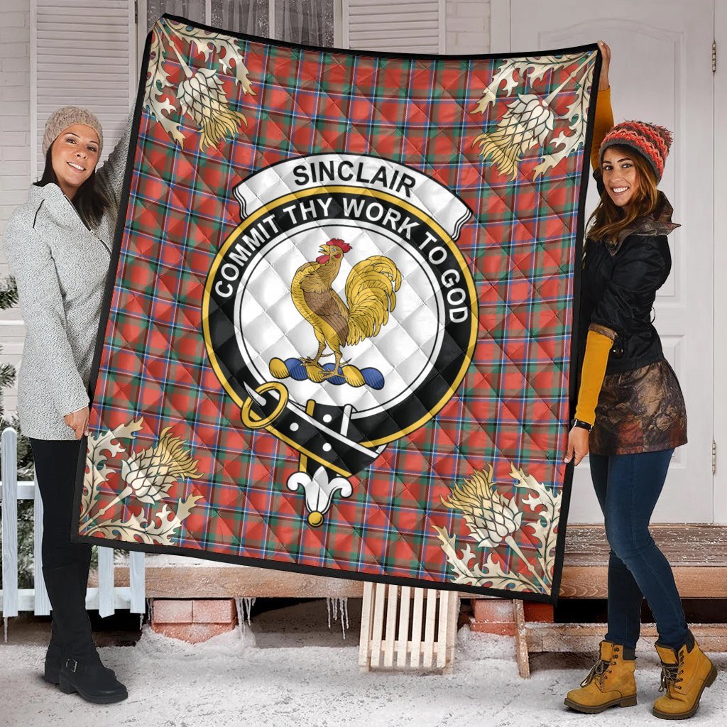 Sinclair Ancient Tartan Crest Premium Quilt - Gold Thistle Style