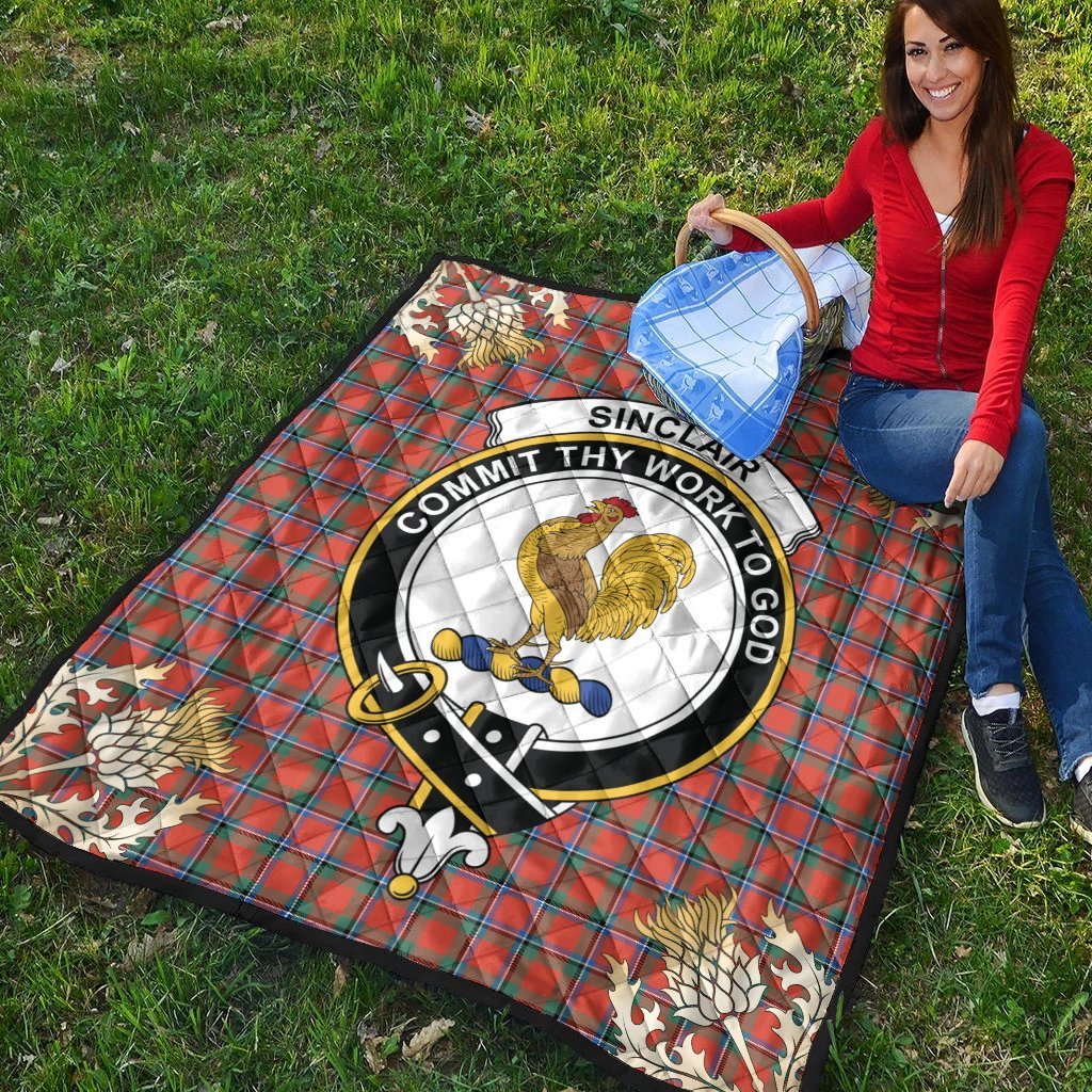 Sinclair Ancient Tartan Crest Premium Quilt - Gold Thistle Style