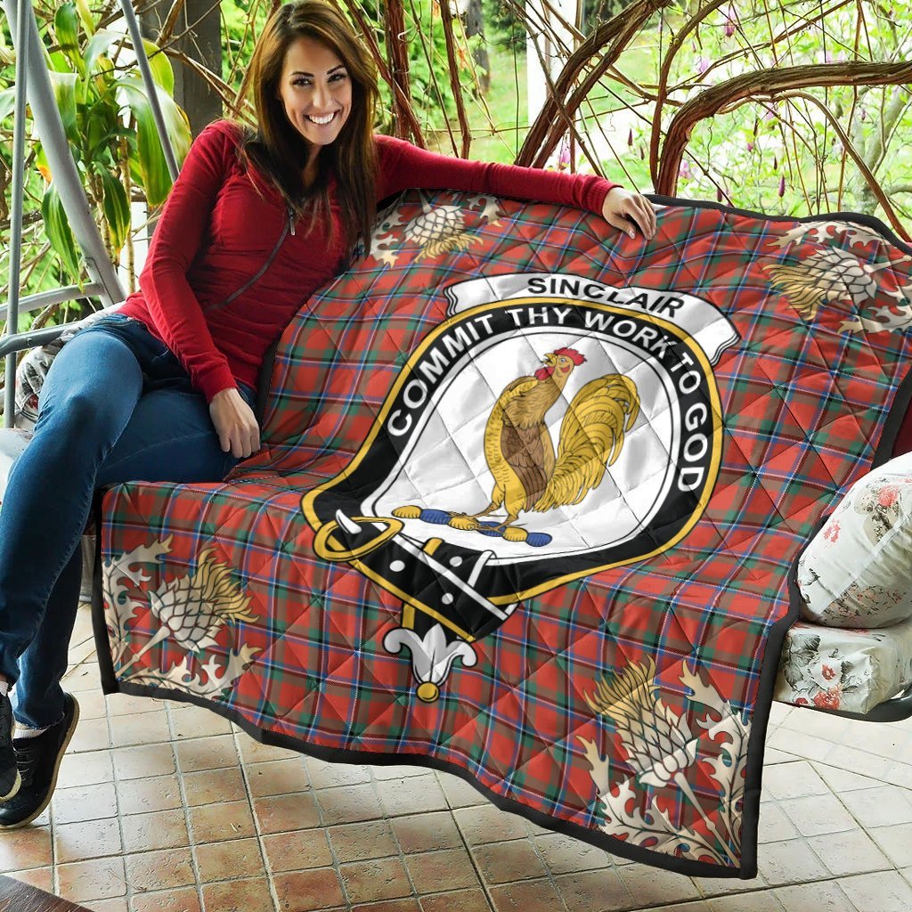 Sinclair Ancient Tartan Crest Premium Quilt - Gold Thistle Style