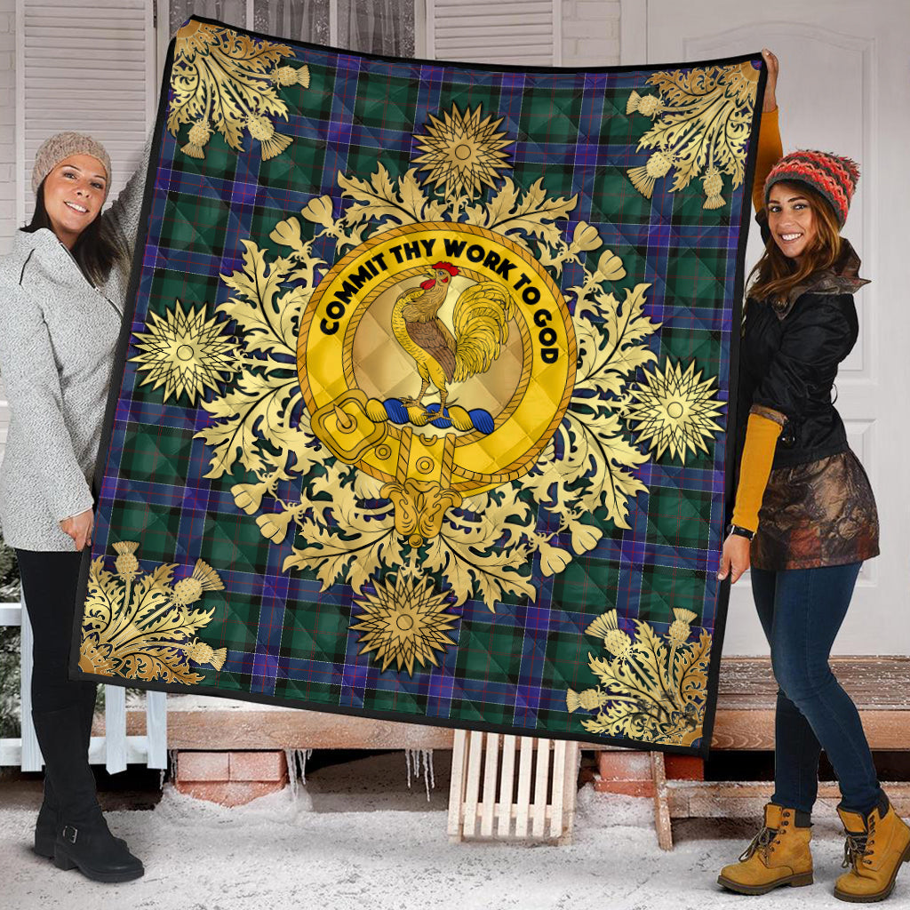 Sinclair Hunting Modern Tartan Crest Premium Quilt - Gold Thistle Style