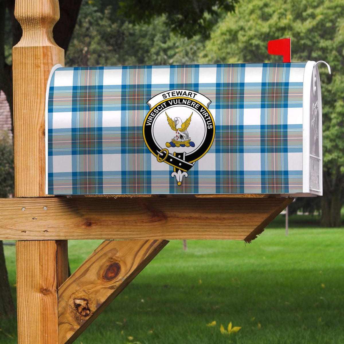 Stewart Muted Blue Tartan Crest Mailbox