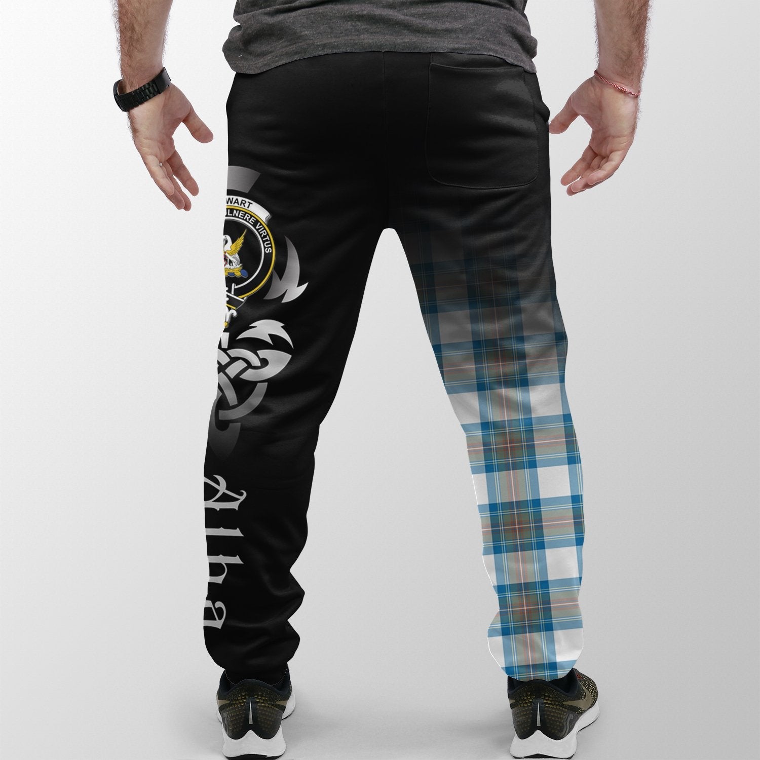 Stewart Muted Blue Tartan Crest Jogger Sweatpants - Alba Celtic Style