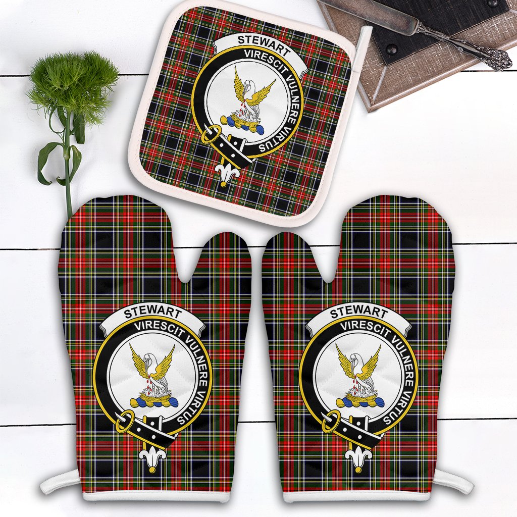 Stewart Black Tartan Crest Oven Mitt And Pot Holder (2 Oven Mitts + 1 Pot Holder)