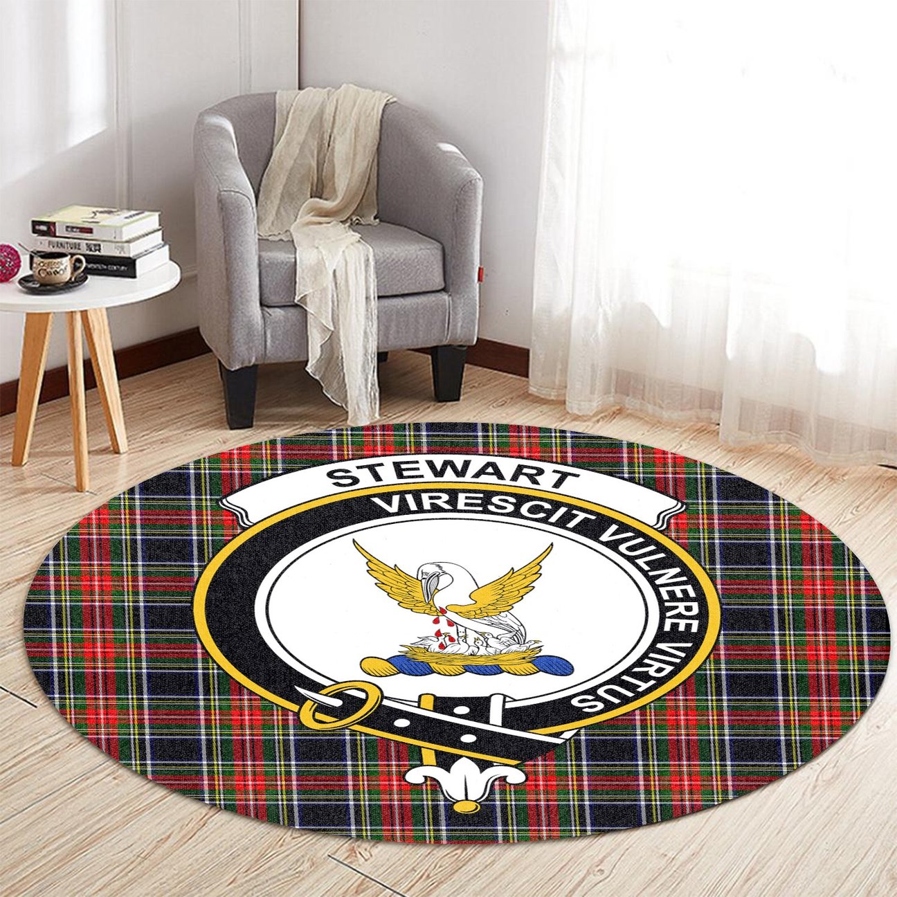 Stewart Black Tartan Crest Round Rug