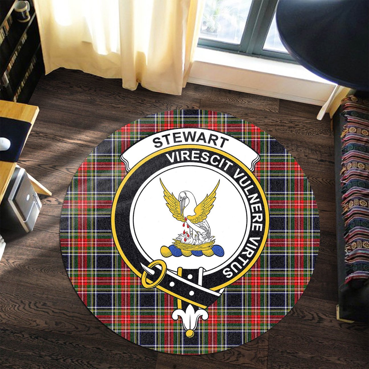 Stewart Black Tartan Crest Round Rug