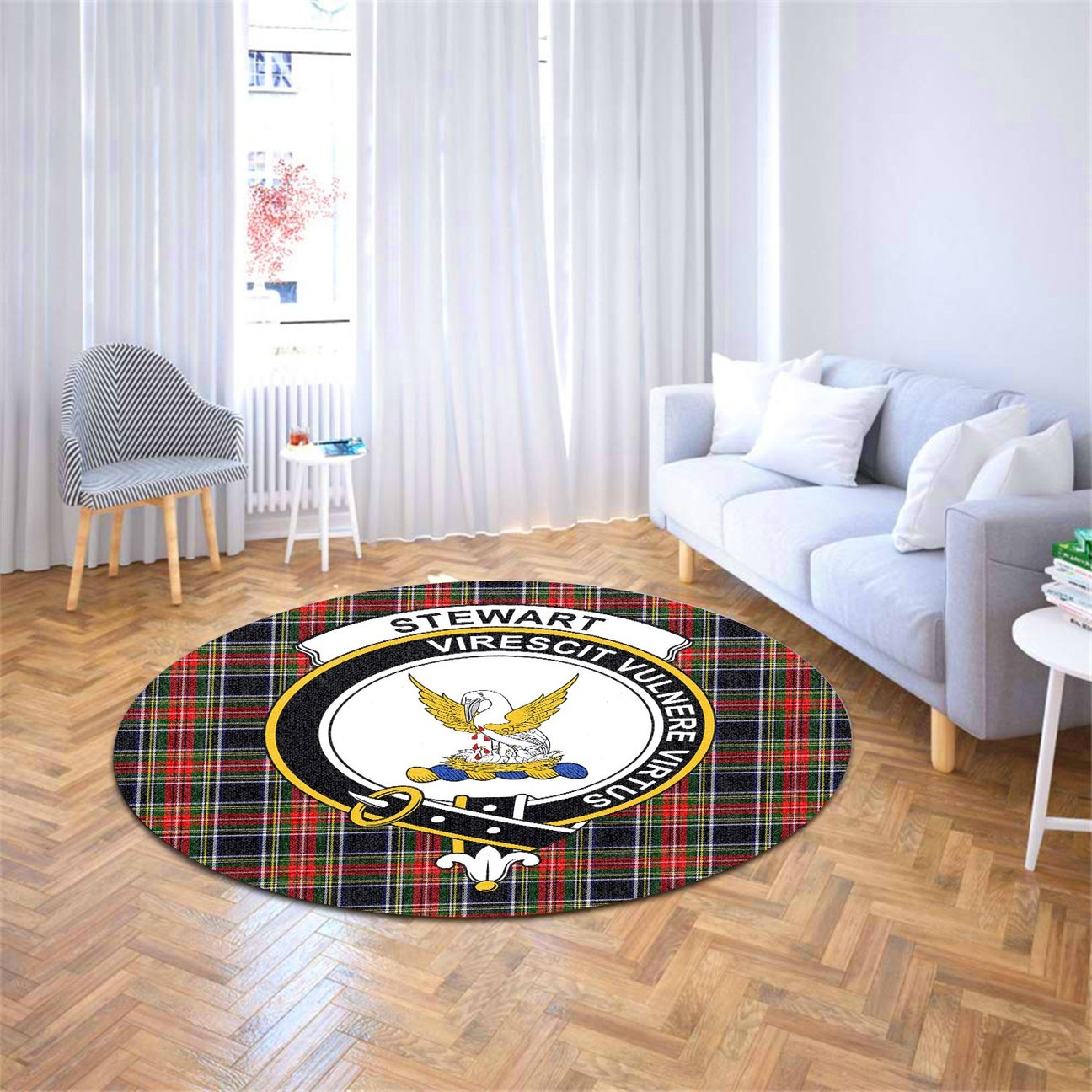 Stewart Black Tartan Crest Round Rug