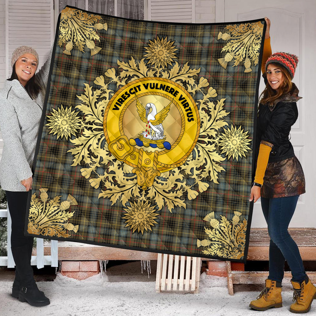 Stewart Hunting Weathered Tartan Crest Premium Quilt - Gold Thistle Style