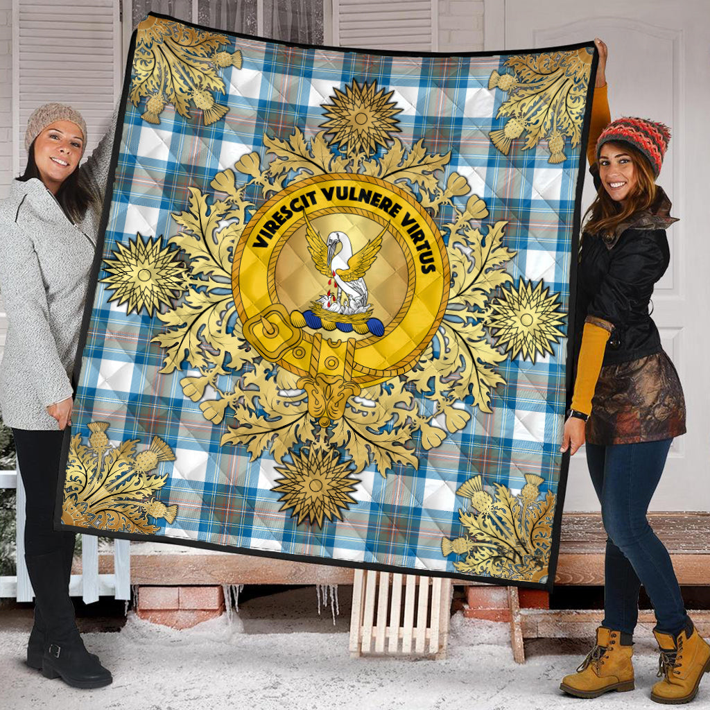 Stewart Muted Blue Tartan Crest Premium Quilt - Gold Thistle Style