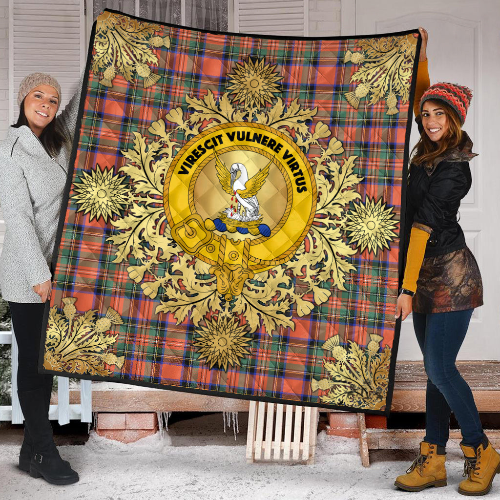 Stewart Royal Ancient Tartan Crest Premium Quilt - Gold Thistle Style