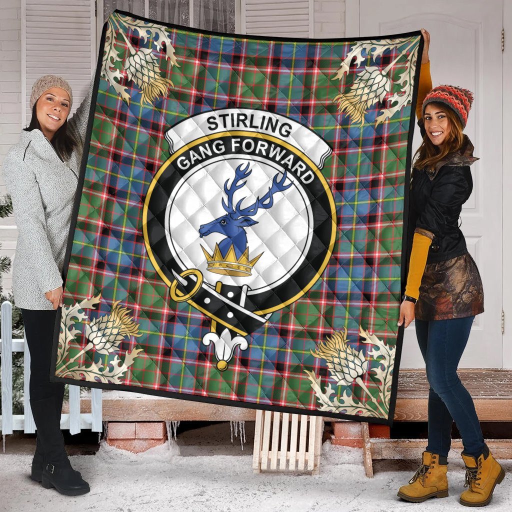 Stirling Bannockburn Tartan Crest Premium Quilt - Gold Thistle Style