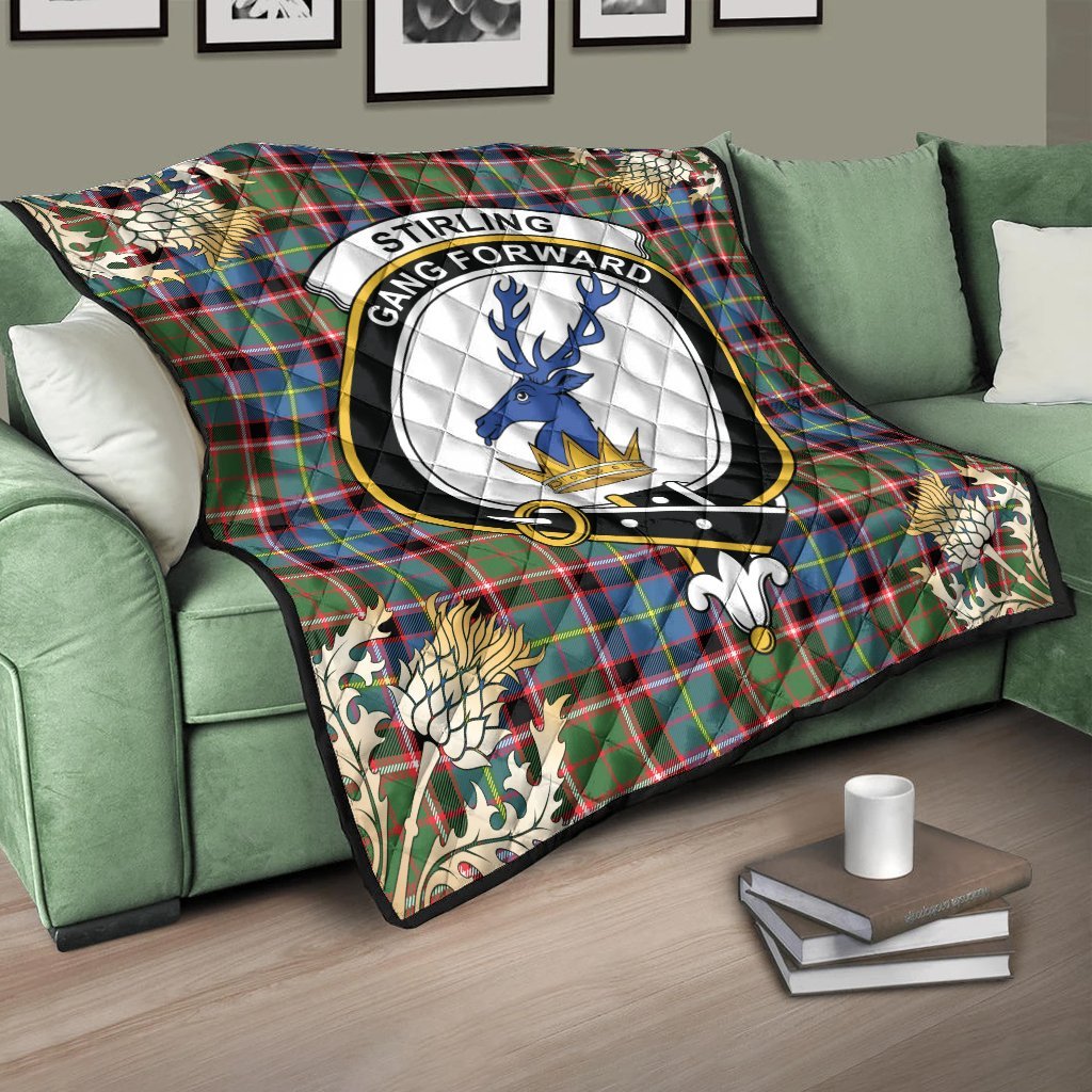 Stirling Bannockburn Tartan Crest Premium Quilt - Gold Thistle Style