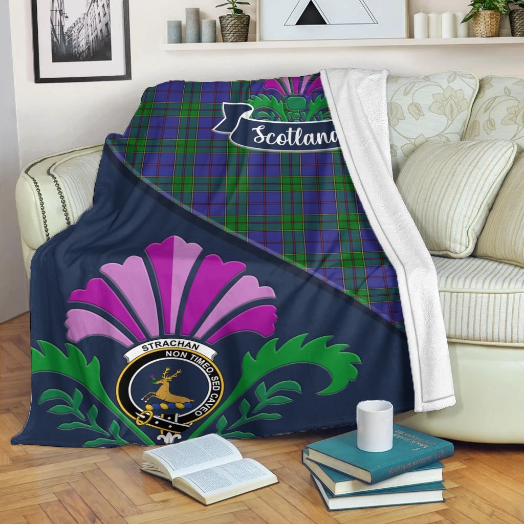 Strachan Tartan Crest Premium Blanket - Thistle Style