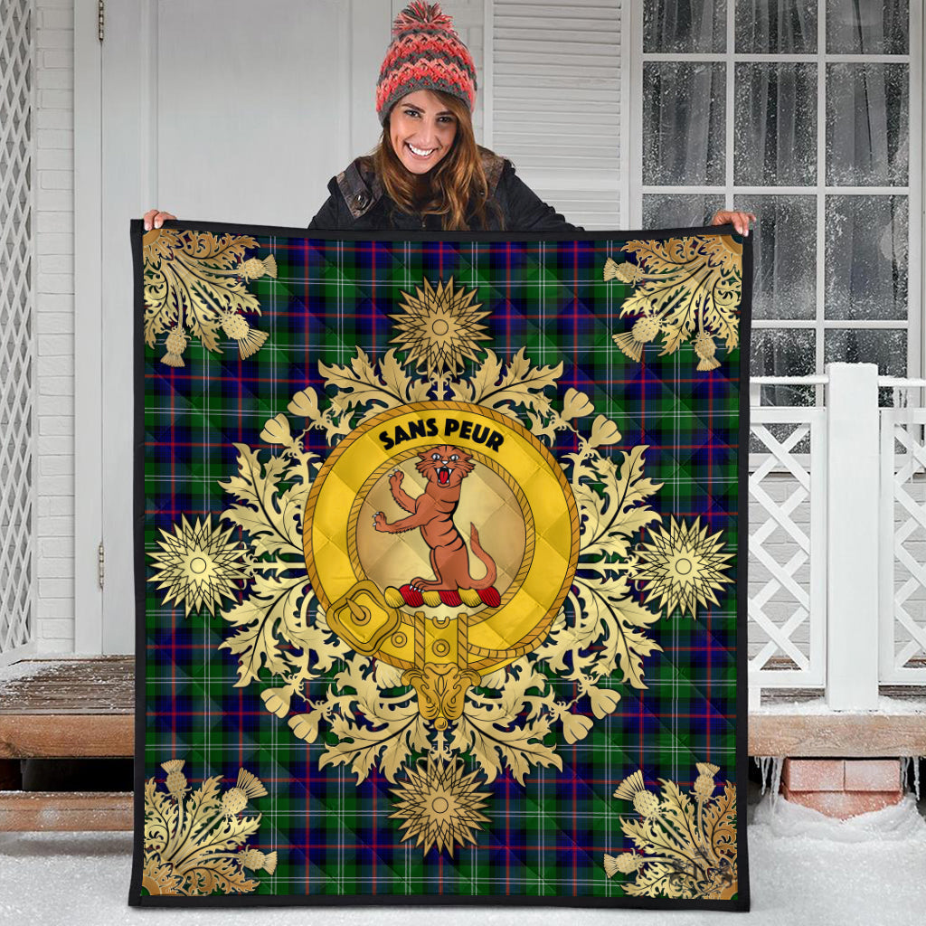 Sutherland Modern Tartan Crest Premium Quilt - Gold Thistle Style