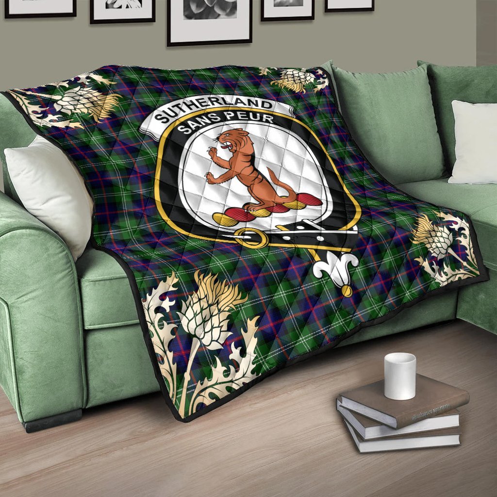 Sutherland Modern Tartan Crest Premium Quilt - Gold Thistle Style