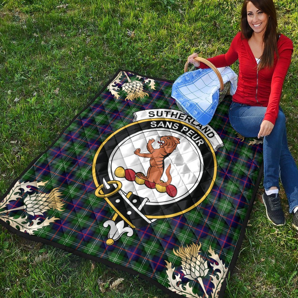 Sutherland Modern Tartan Crest Premium Quilt - Gold Thistle Style