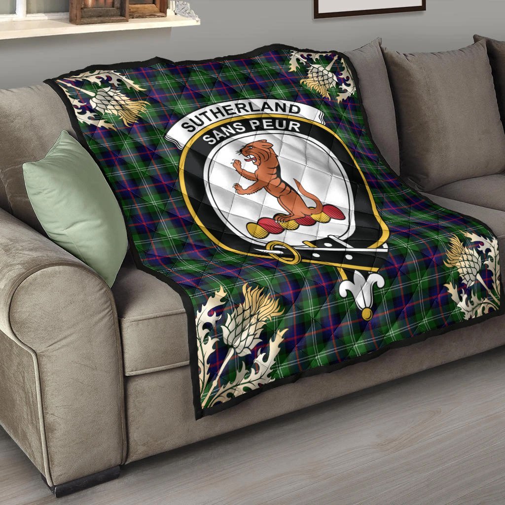 Sutherland Modern Tartan Crest Premium Quilt - Gold Thistle Style