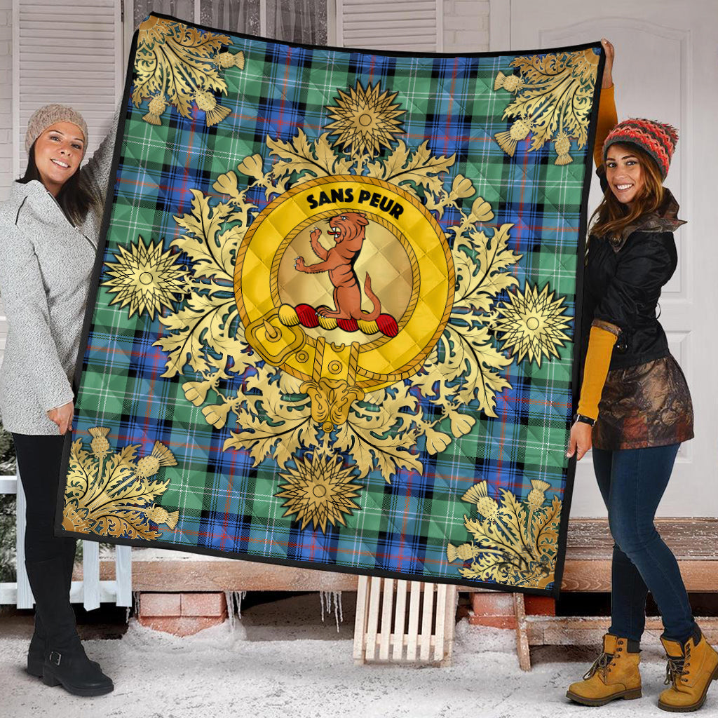 Sutherland Old Ancient Tartan Crest Premium Quilt - Gold Thistle Style