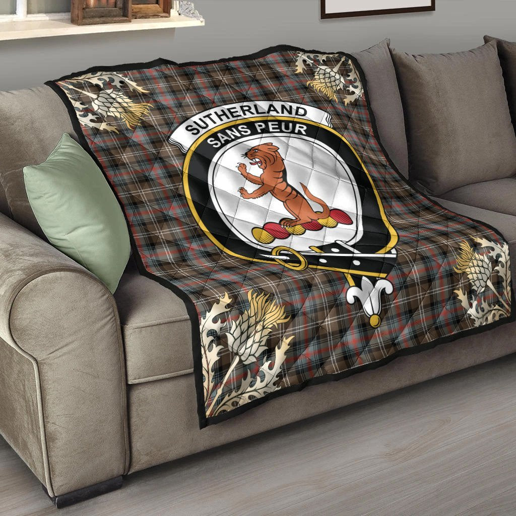 Sutherland Weathered Tartan Crest Premium Quilt - Gold Thistle Style