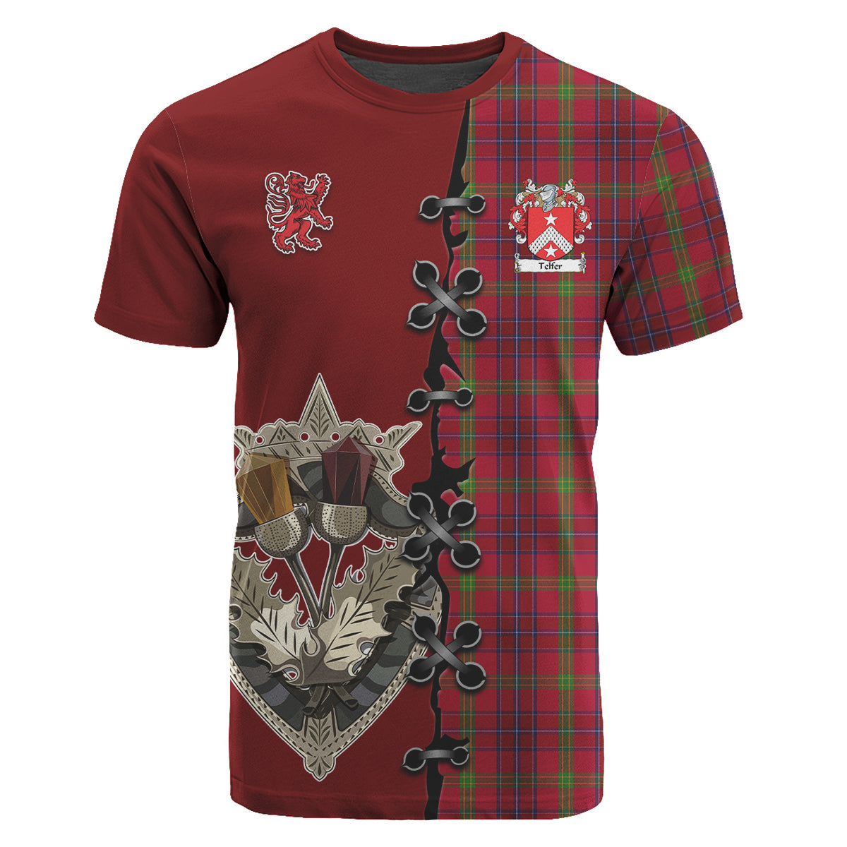 Telfer Tartan T-shirt - Lion Rampant And Celtic Thistle Style