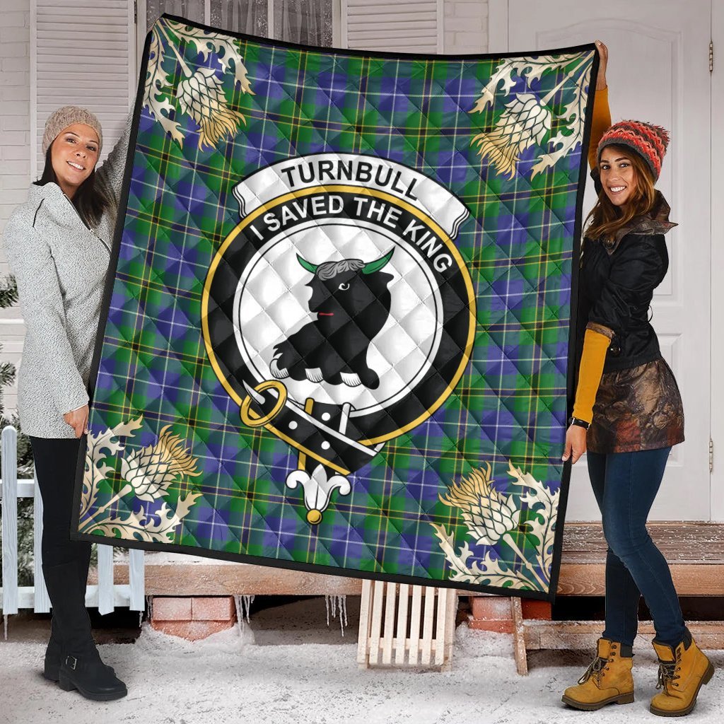 Turnbull Hunting Tartan Crest Premium Quilt - Gold Thistle Style