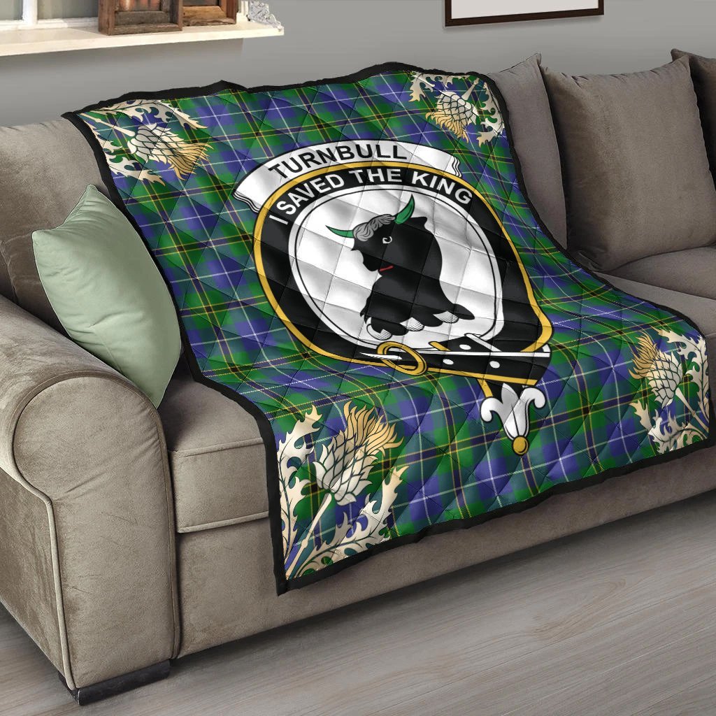 Turnbull Hunting Tartan Crest Premium Quilt - Gold Thistle Style