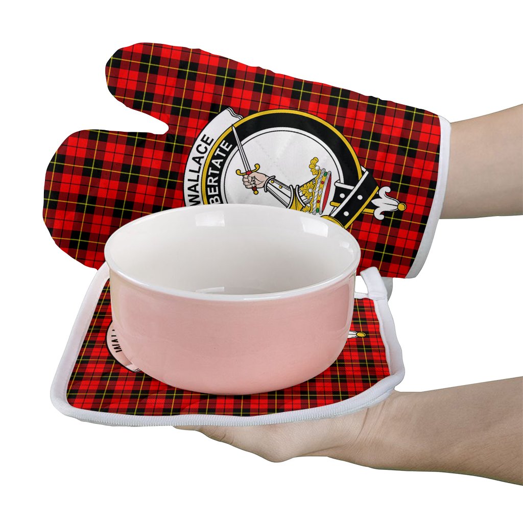 Wallace Hunting Red Tartan Crest Oven Mitt And Pot Holder (2 Oven Mitts + 1 Pot Holder)