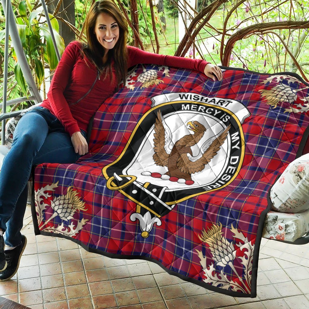 Wishart Dress Tartan Crest Premium Quilt - Gold Thistle Style