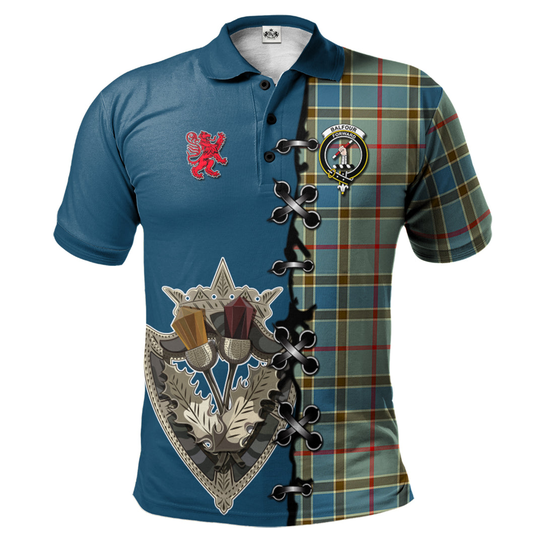 Balfour Blue Tartan Polo Shirt - Lion Rampant And Celtic Thistle Style