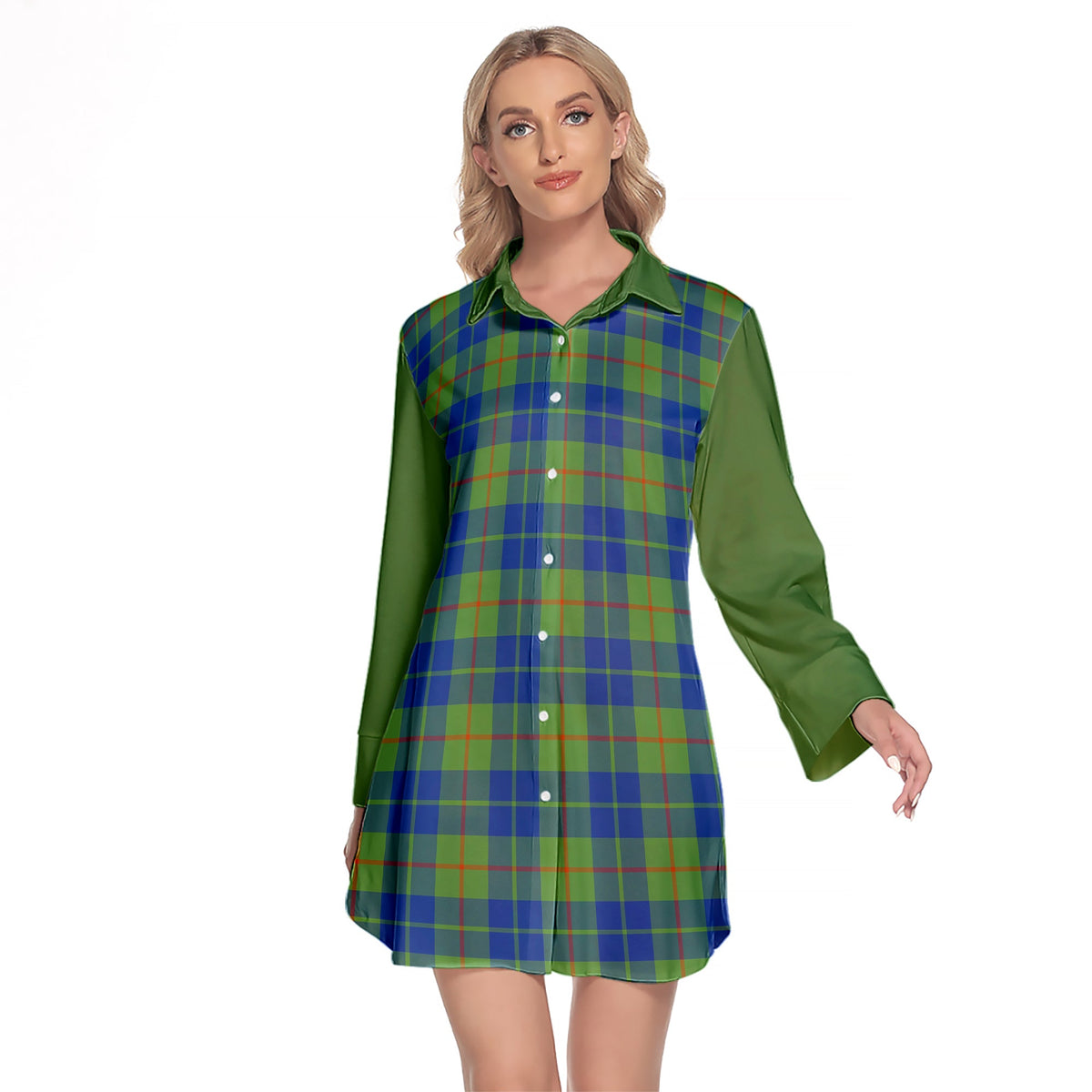 Barclay Hunting Ancient Tartan Women's Lapel Shirt Dress With Long Sleeve