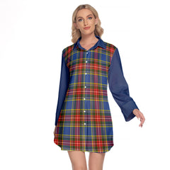 Bethune Tartan Women's Lapel Shirt Dress With Long Sleeve