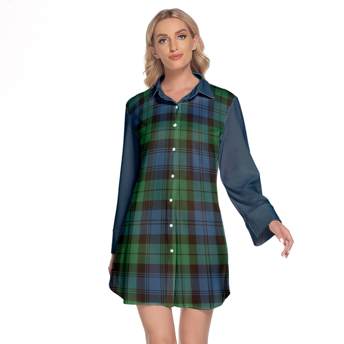 Black Watch Ancient Tartan Women's Lapel Shirt Dress With Long Sleeve