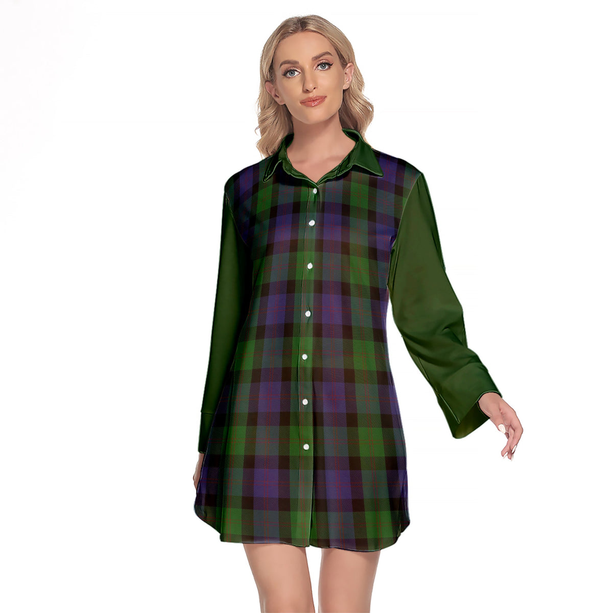 Blair Tartan Women's Lapel Shirt Dress With Long Sleeve