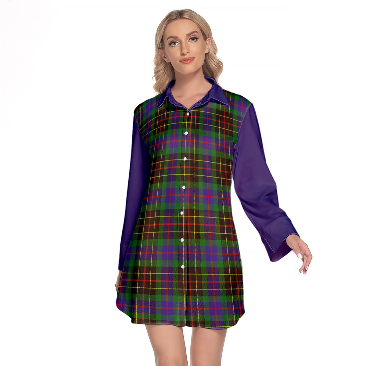 Brodie Hunting Modern Tartan Women's Lapel Shirt Dress With Long Sleeve